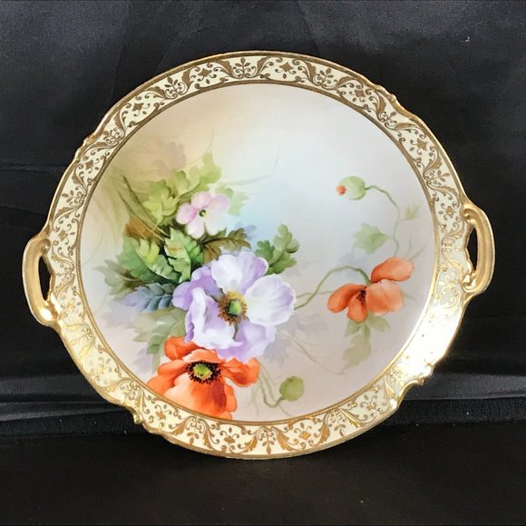 Antique Victorian Nippon Japan Hand-Painted Beautiful Poppy Flower Handled Plate - Picture 1 of 3